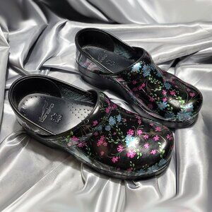 DANSKO black patent clog shoes multi color floral design  SZ 37